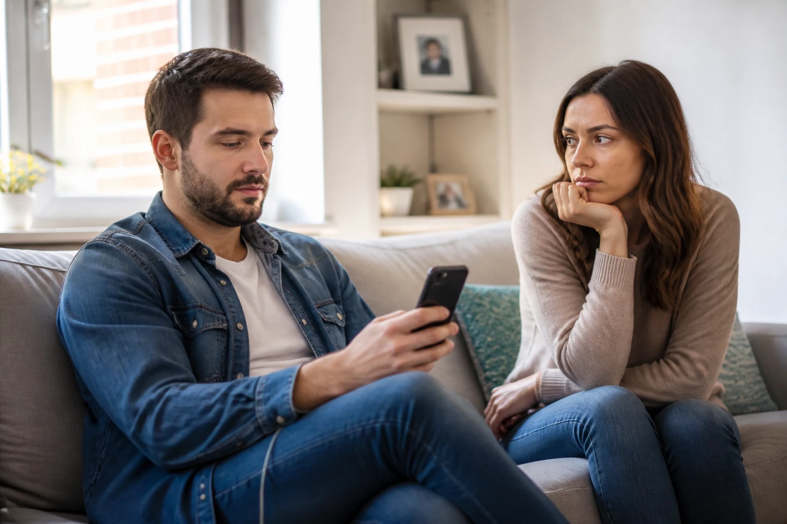 Couple sur un canapé, l'homme éloignant son téléphone tandis que sa femme le regarde avec inquiétude
