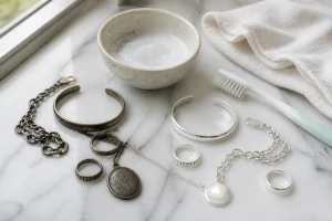Bijoux en argent avant et après nettoyage posés sur du marbre blanc avec bicarbonate de soude et chiffon doux