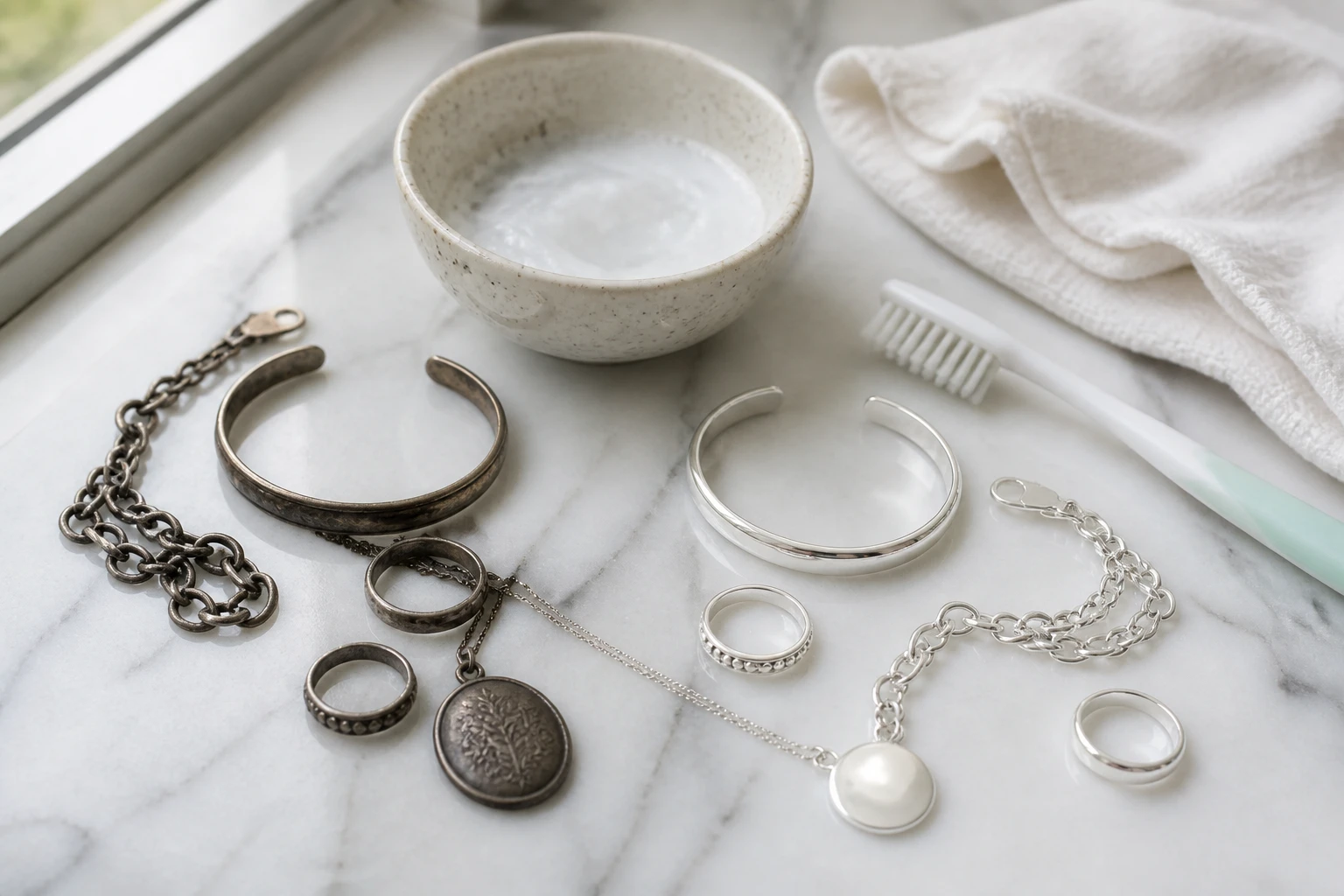 Bijoux en argent avant et après nettoyage posés sur du marbre blanc avec bicarbonate de soude et chiffon doux