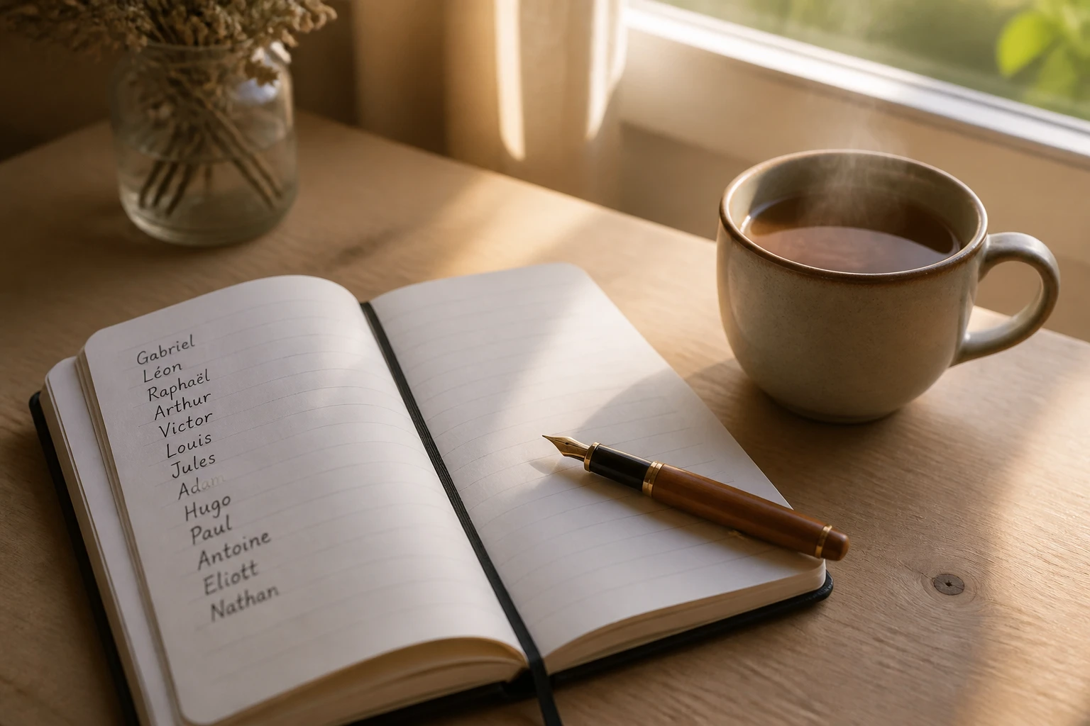 Carnet manuscrit avec liste de prénoms arabes pour garçon, stylo et tasse de thé sur table en bois