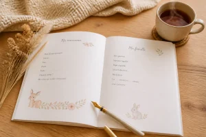 Carnet de naissance ouvert sur une table en bois avec stylo et fleurs séchées