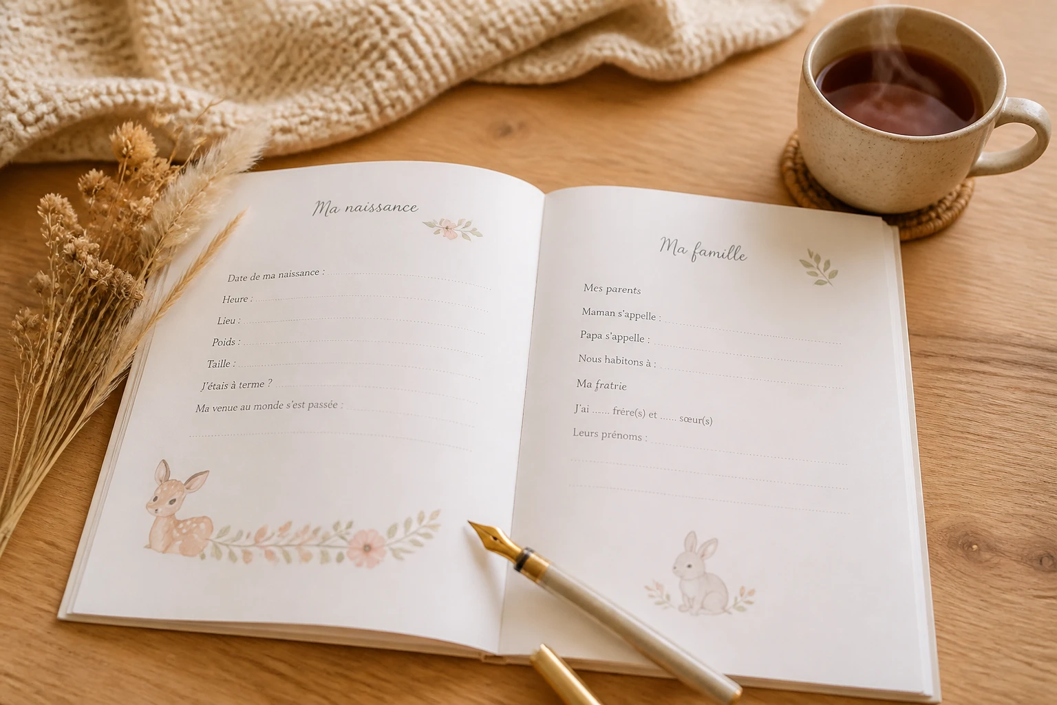 Carnet de naissance ouvert sur une table en bois avec stylo et fleurs séchées