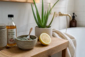 Ingrédients naturels pour remède de grand-mère contre les cheveux gras : vinaigre, argile verte et citron