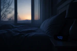 Chambre à coucher à l'aube avec horloge affichant 4h du matin, lumière bleutée