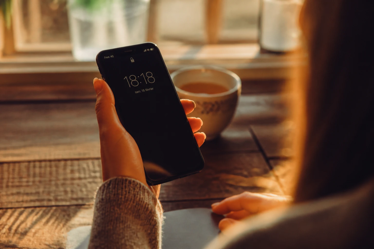 Smartphone affichant l'heure miroir 18h18 tenu dans la main au coucher du soleil