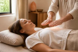 Séance de soin énergétique reiki avec praticien et cliente allongée dans un espace zen éclairé naturellement