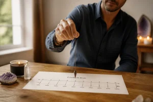 Praticien mesurant un taux vibratoire au pendule sur une règle de Bovis dans une ambiance apaisante