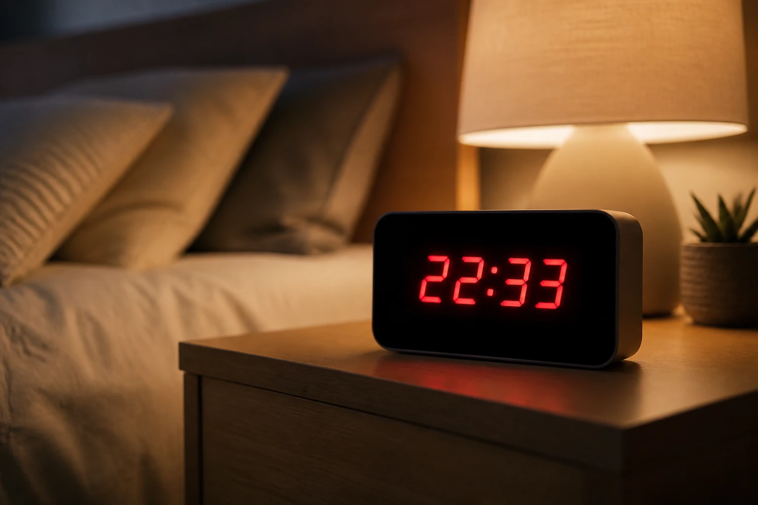 Réveil digital affichant 22h33 sur une table de nuit dans une chambre à l'ambiance tamisée