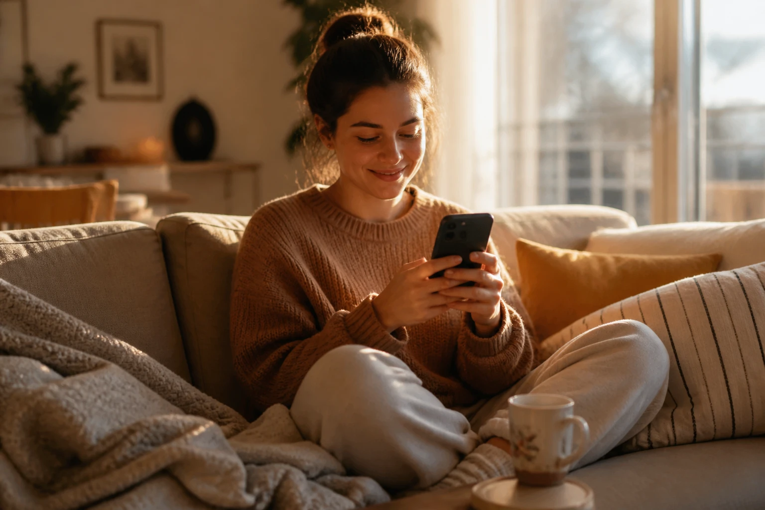 Jeune femme souriante envoyant un SMS sur son smartphone dans un salon chaleureux