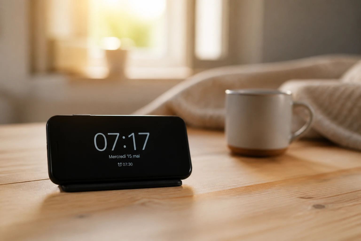 Réveil digital affichant 7h17 sur une table en bois au petit matin, lumière douce