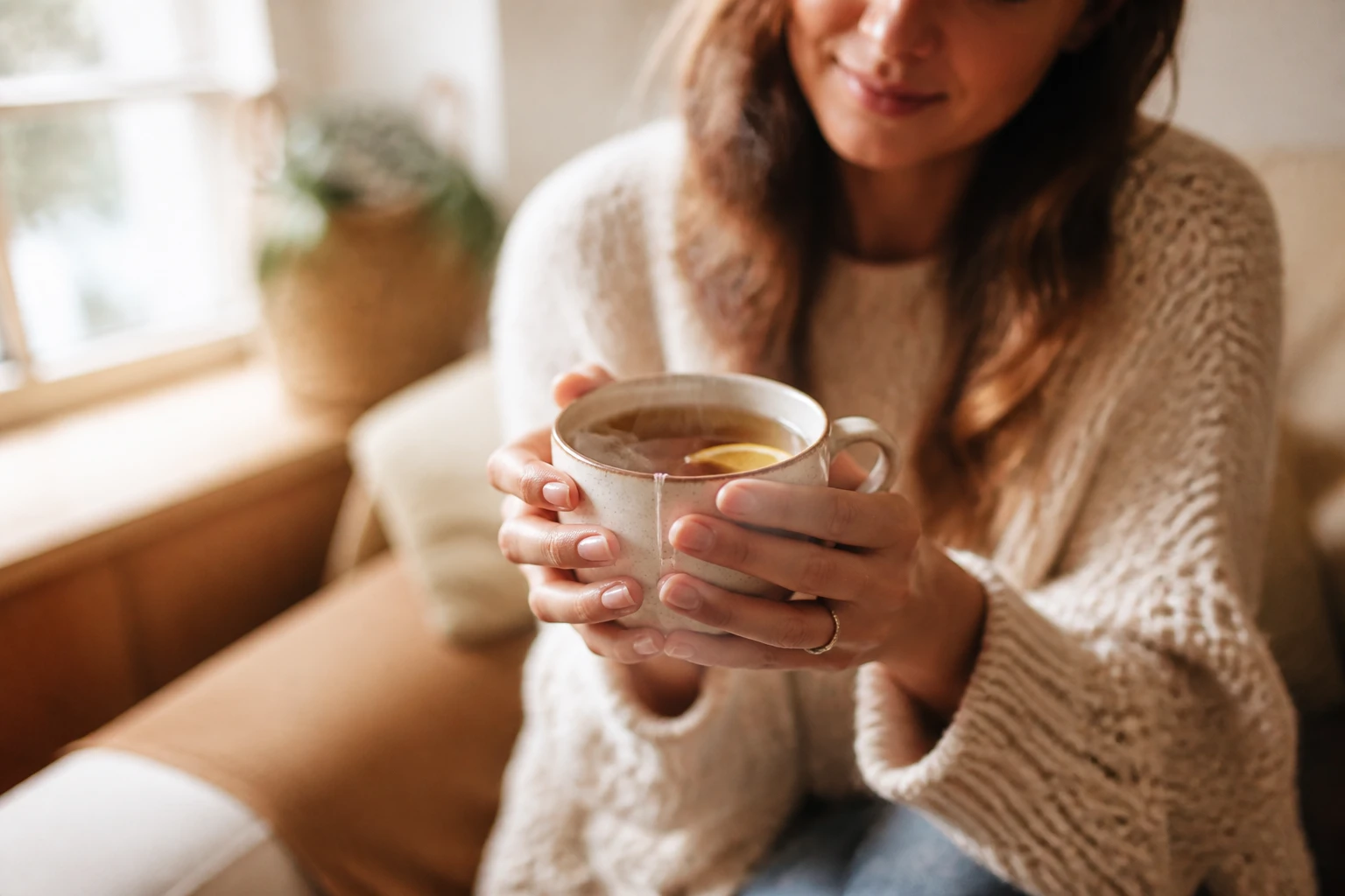 Jeune femme buvant une tisane chaude au miel pour calmer sa toux dans un salon lumineux