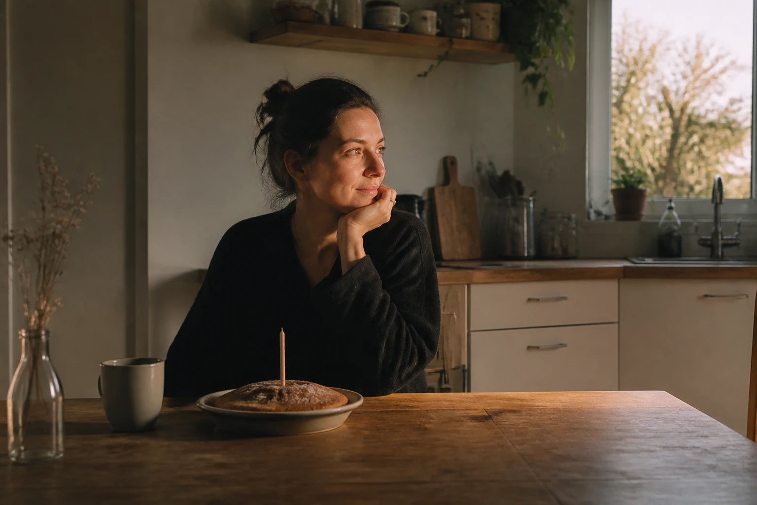 Femme assise seule devant un petit gâteau d'anniversaire, lumière douce de fin de journée