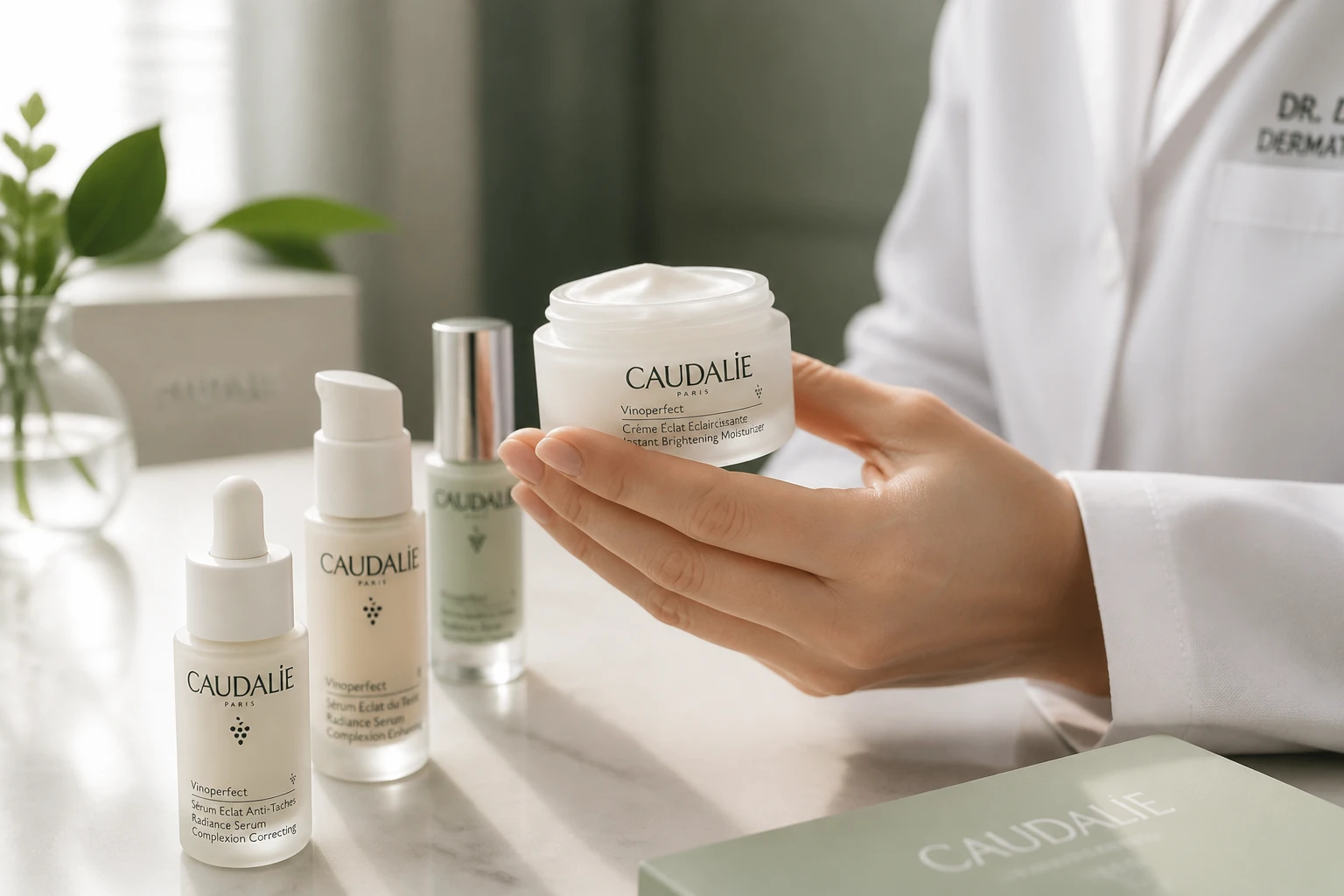Dermatologue examinant un pot de crème Caudalie sur une paillasse de cabinet médical