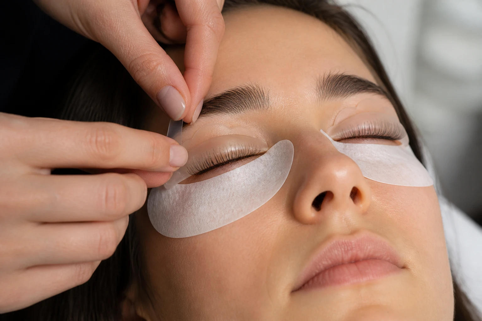 Esthéticienne posant un pad de rehaussement sur les cils naturels d'une cliente en institut
