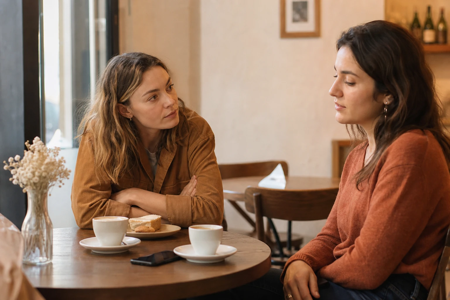 Deux femmes discutent autour d'un café dans une ambiance chaleureuse et intime