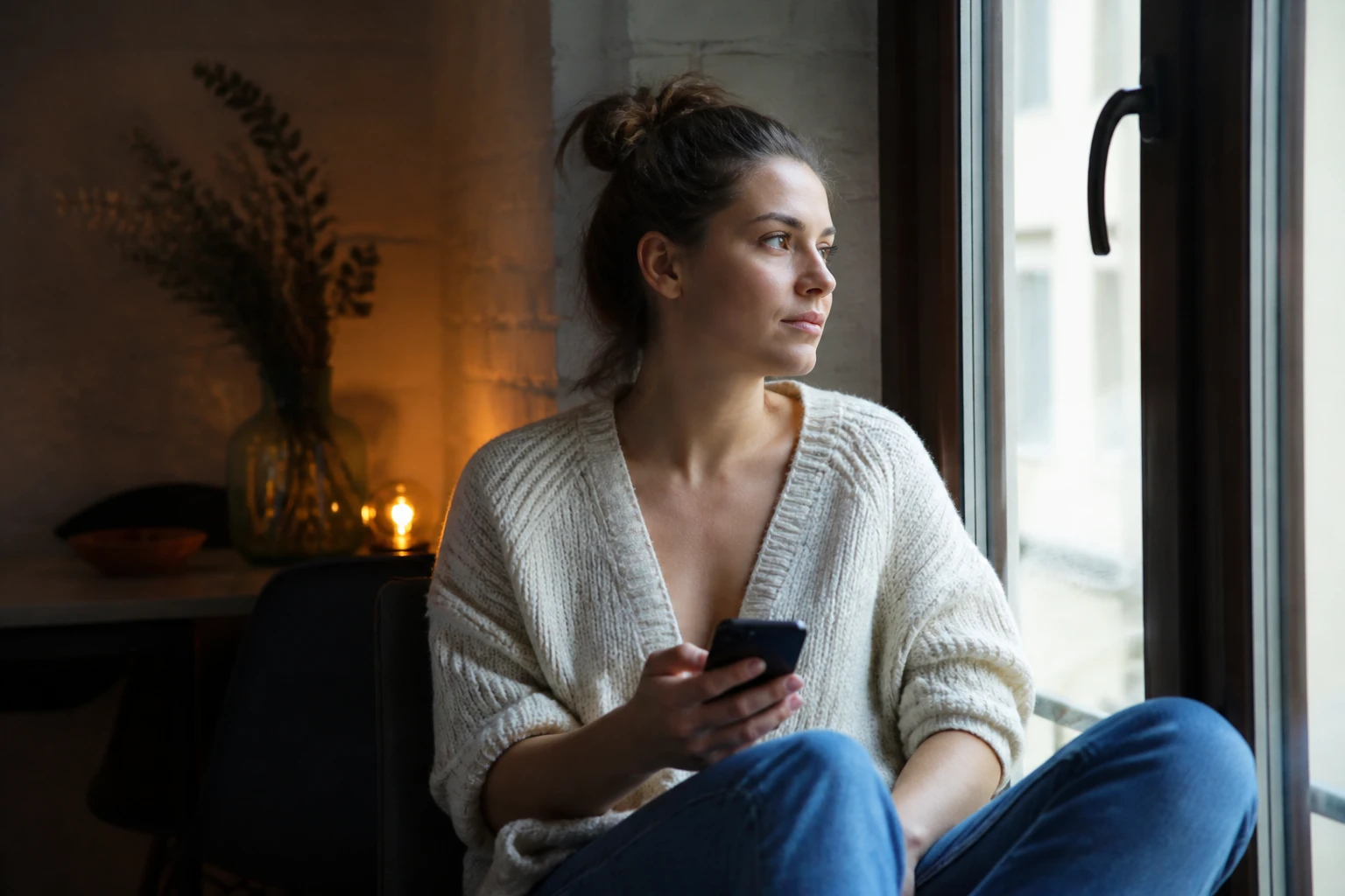 Femme pensive assise près d'une fenêtre, tenant son téléphone, lumière naturelle