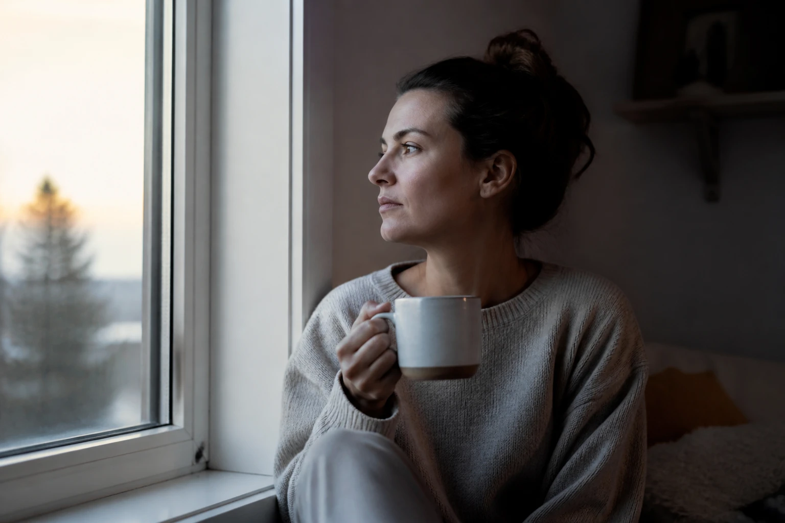 Femme pensive assise près d'une fenêtre le matin, réfléchissant à sa relation