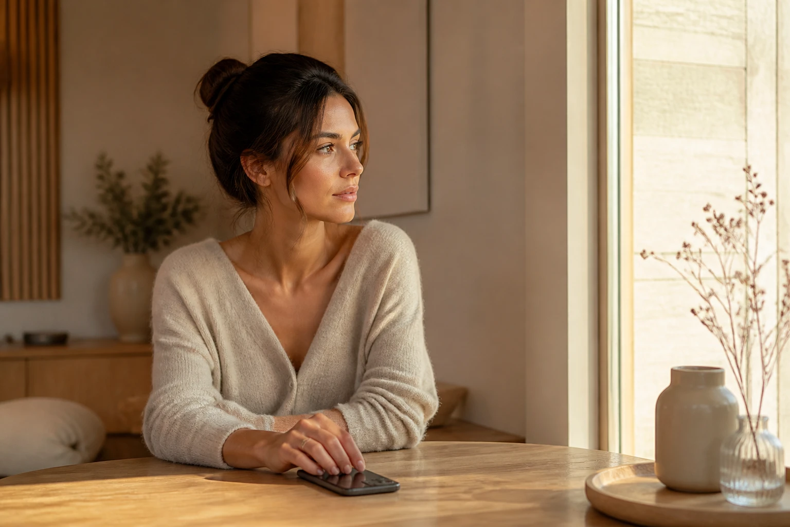 Jeune femme pensive assise près d'une fenêtre, téléphone posé sur la table, lumière du matin