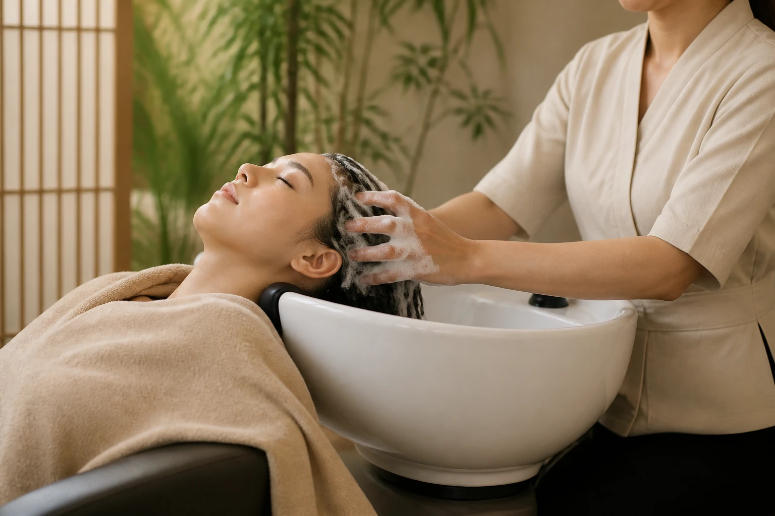 Femme recevant un massage du cuir chevelu lors d'une séance de head spa en institut