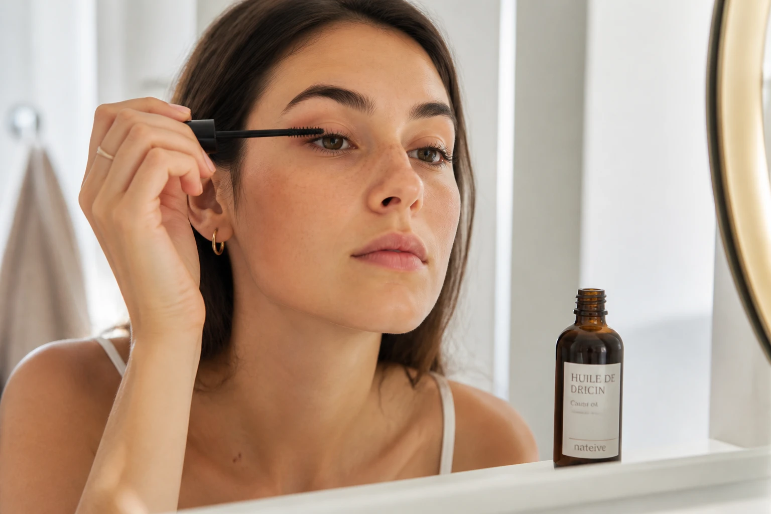 Femme appliquant de l'huile de ricin sur ses cils avec une brosse applicatrice
