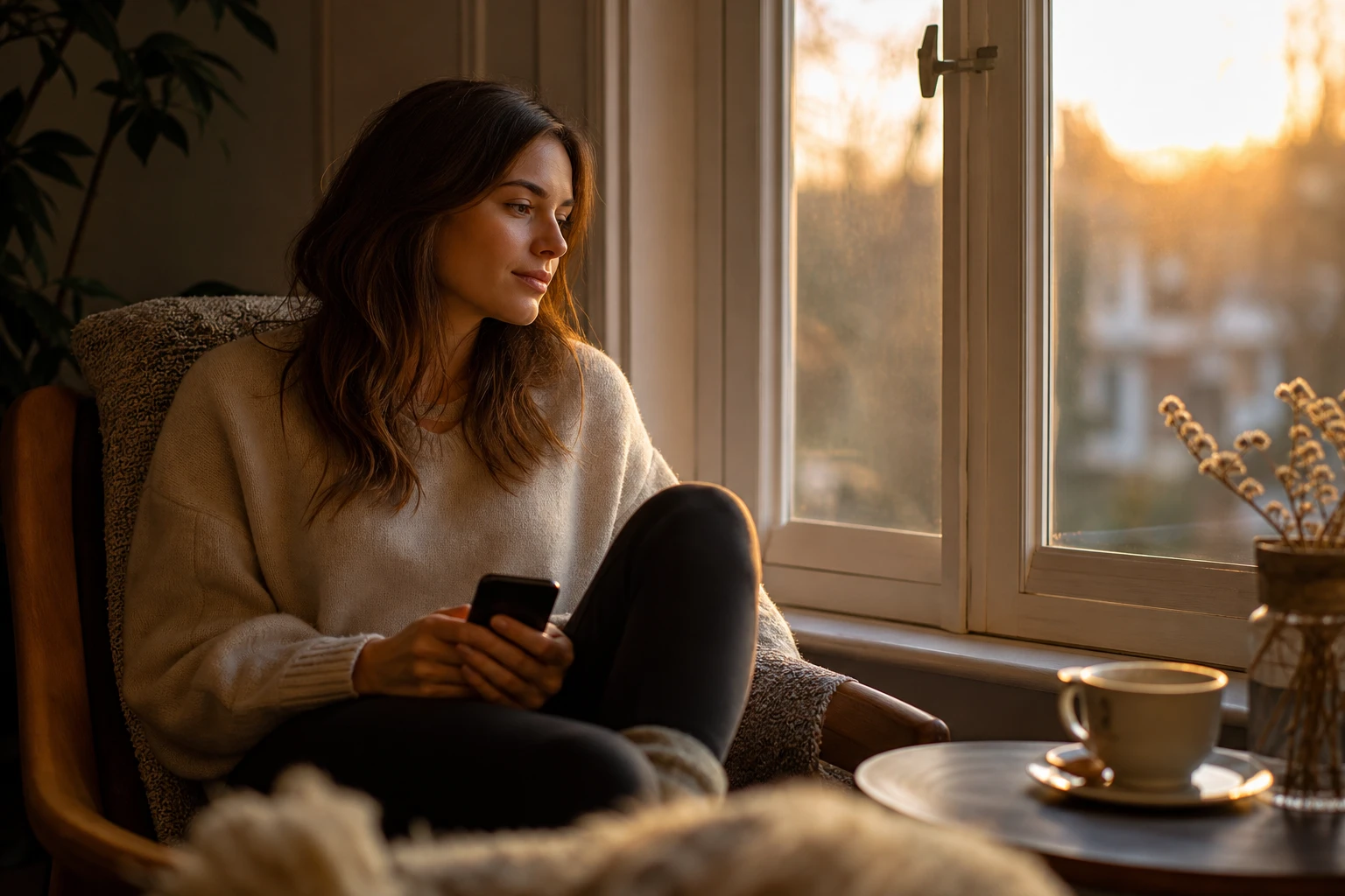 Jeune femme pensive assise près d'une fenêtre, téléphone posé sur ses genoux, lumière douce de fin de journée