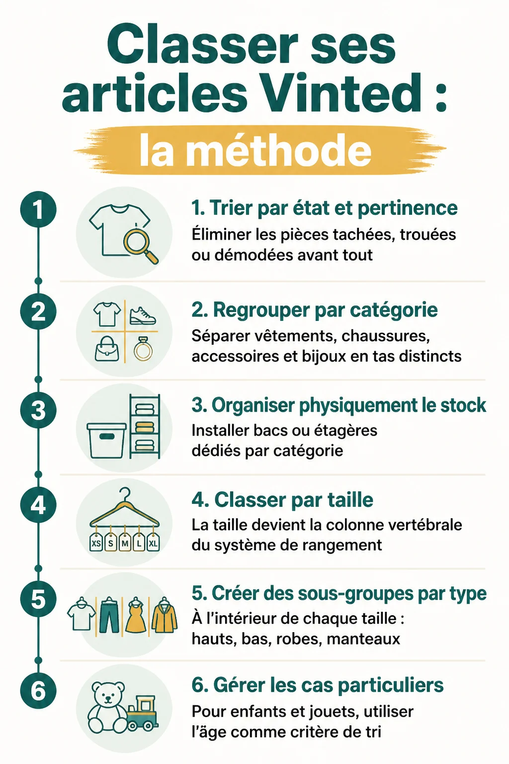 Classer ses articles Vinted : la méthode : 1. Trier par état et pertinence, 2. Regrouper par catégorie, 3. Organiser physiquement le stock, 4. Classer par taille, 5. Créer des sous-groupes par type, 6. Gérer les cas particuliers