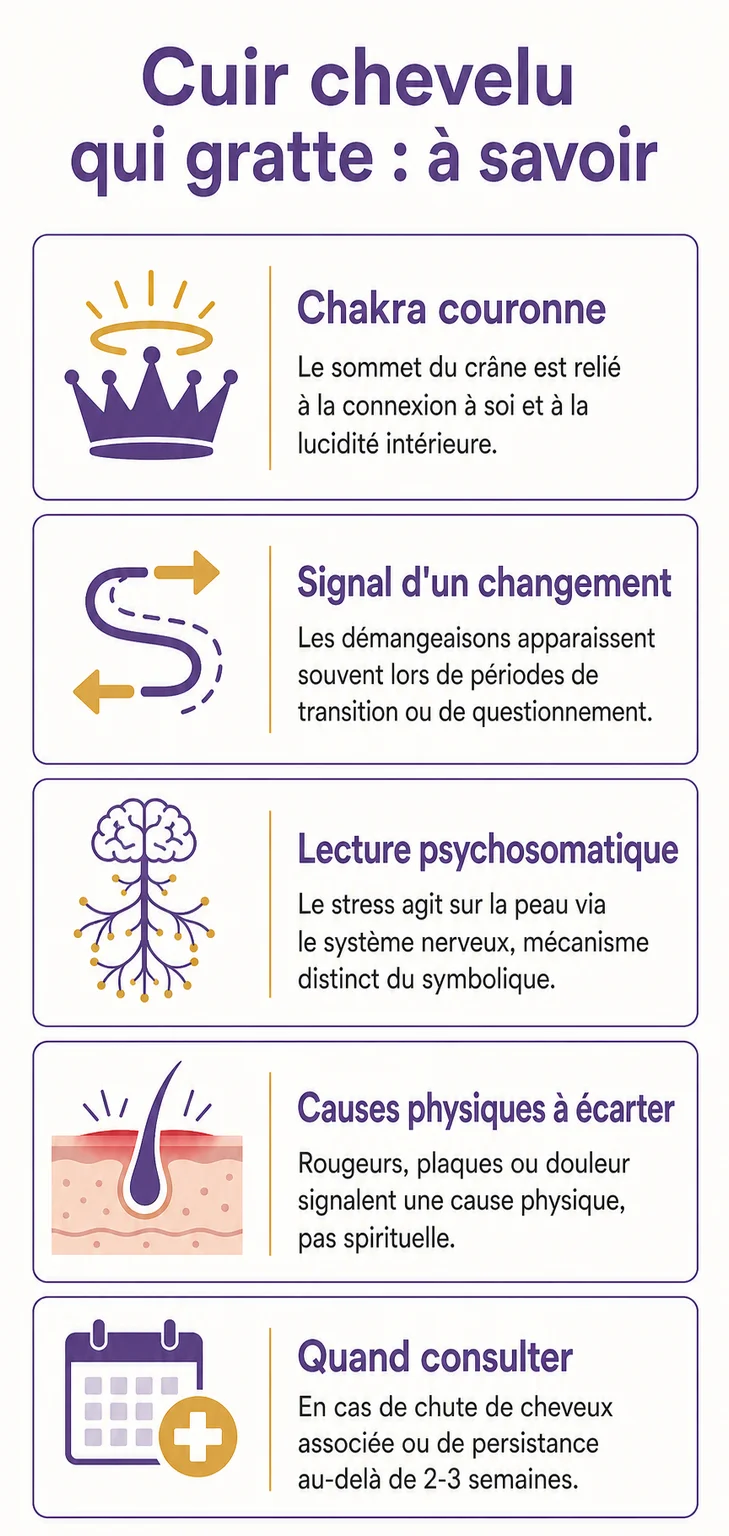 Cuir chevelu qui gratte : à savoir : Chakra couronne, Signal d'un changement, Lecture psychosomatique, Causes physiques à écarter, Quand consulter