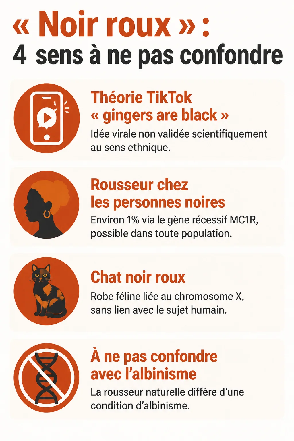 « Noir roux » : 4 sens à ne pas confondre : Théorie TikTok « gingers are black », Rousseur chez les personnes noires, Chat noir roux, À ne pas confondre avec l'albinisme
