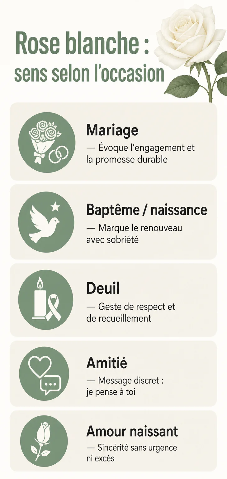 Rose blanche : sens selon l'occasion : Mariage, Baptême / naissance, Deuil, Amitié, Amour naissant