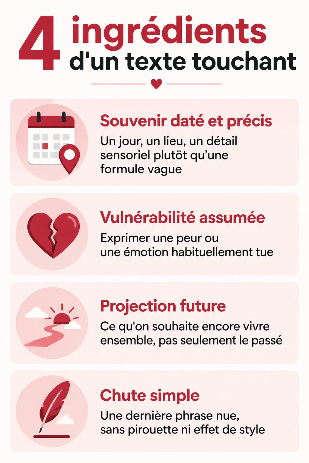 4 ingrédients d'un texte touchant : Souvenir daté et précis, Vulnérabilité assumée, Projection future, Chute simple