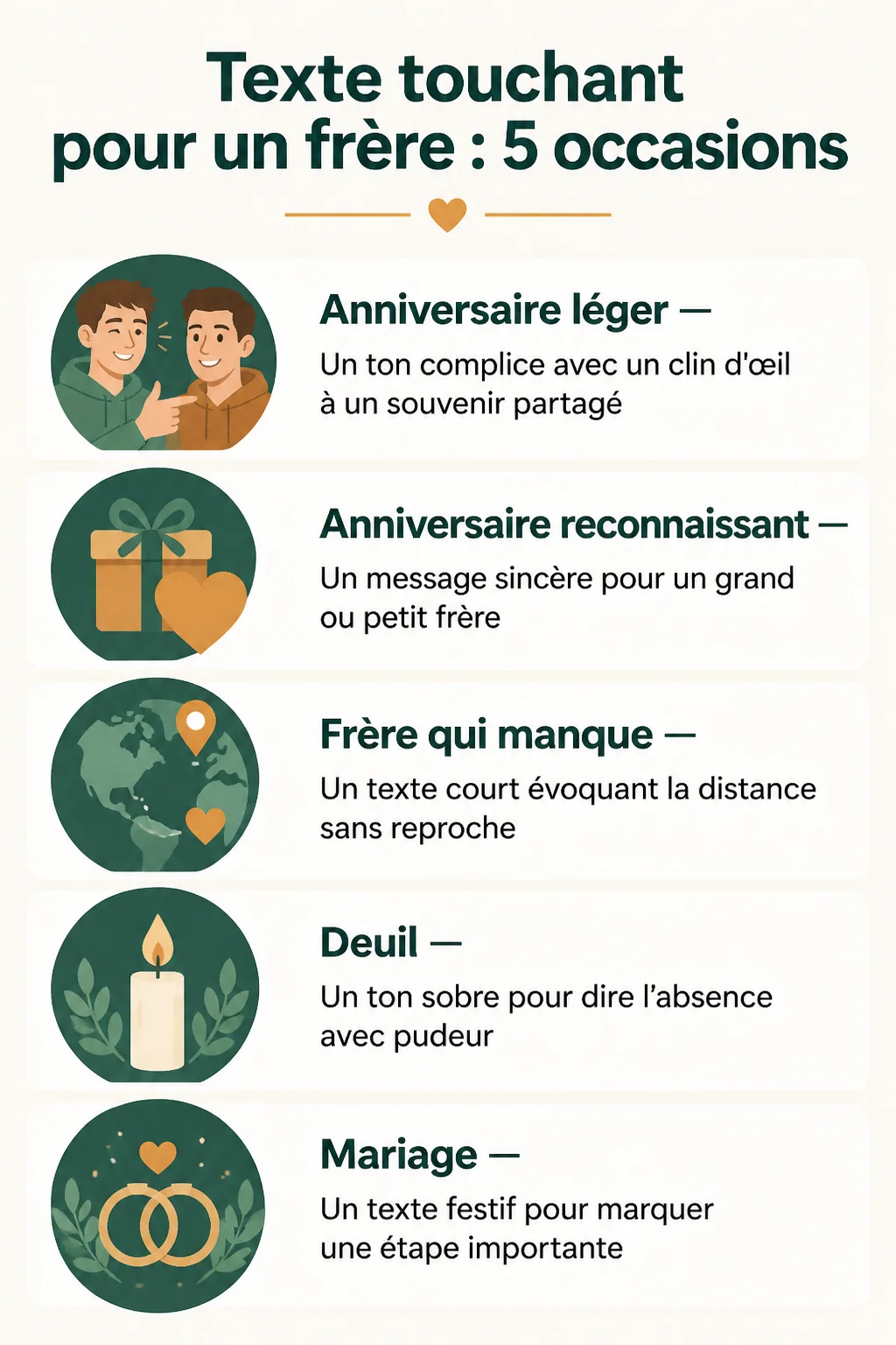 Texte touchant pour un frère : 5 occasions : Anniversaire léger, Anniversaire reconnaissant, Frère qui manque, Deuil, Mariage