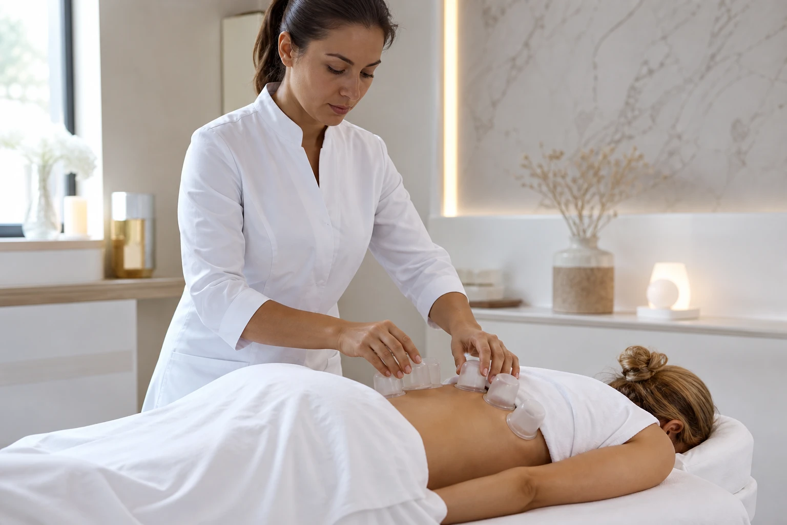 Esthéticienne pratiquant un lifting colombien par ventouses en institut de beauté