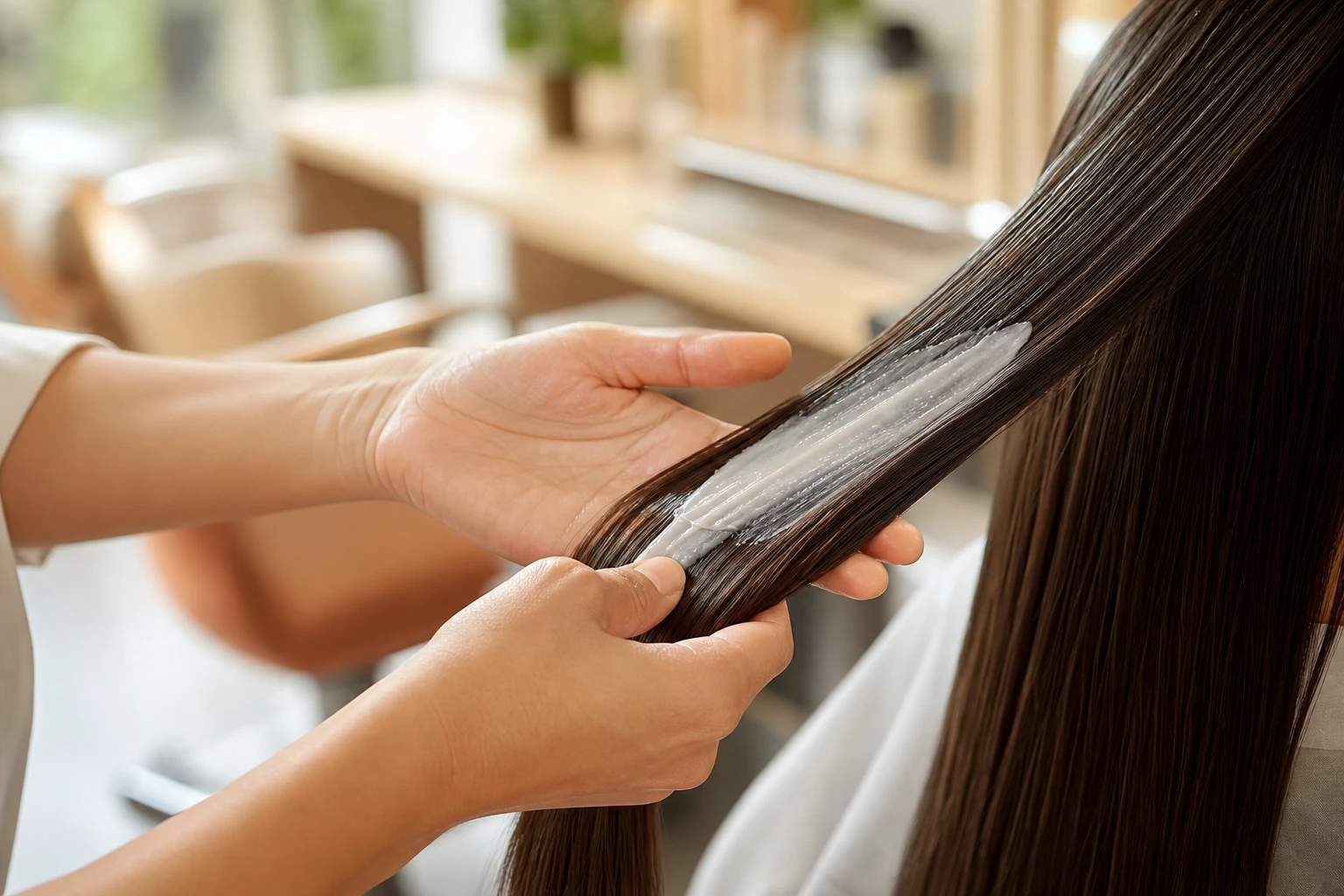 Coiffeuse appliquant un soin de lissage indien sur une mèche de cheveux en salon