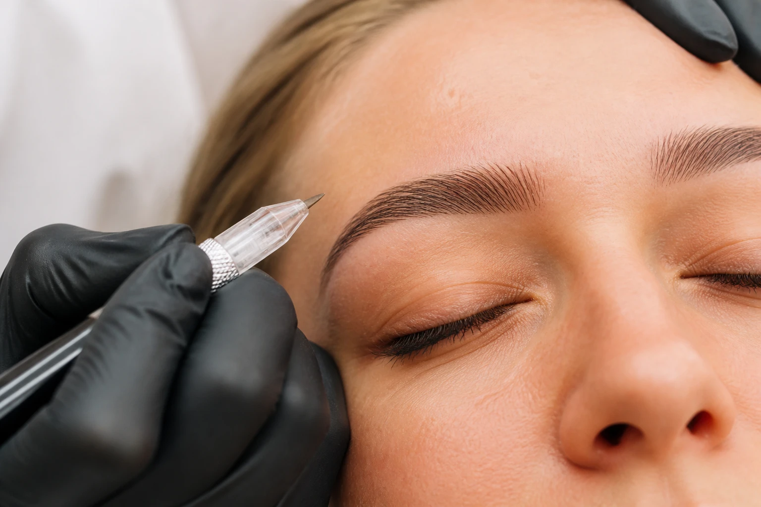 Praticienne réalisant une séance de microshading sur les sourcils d'une cliente en institut