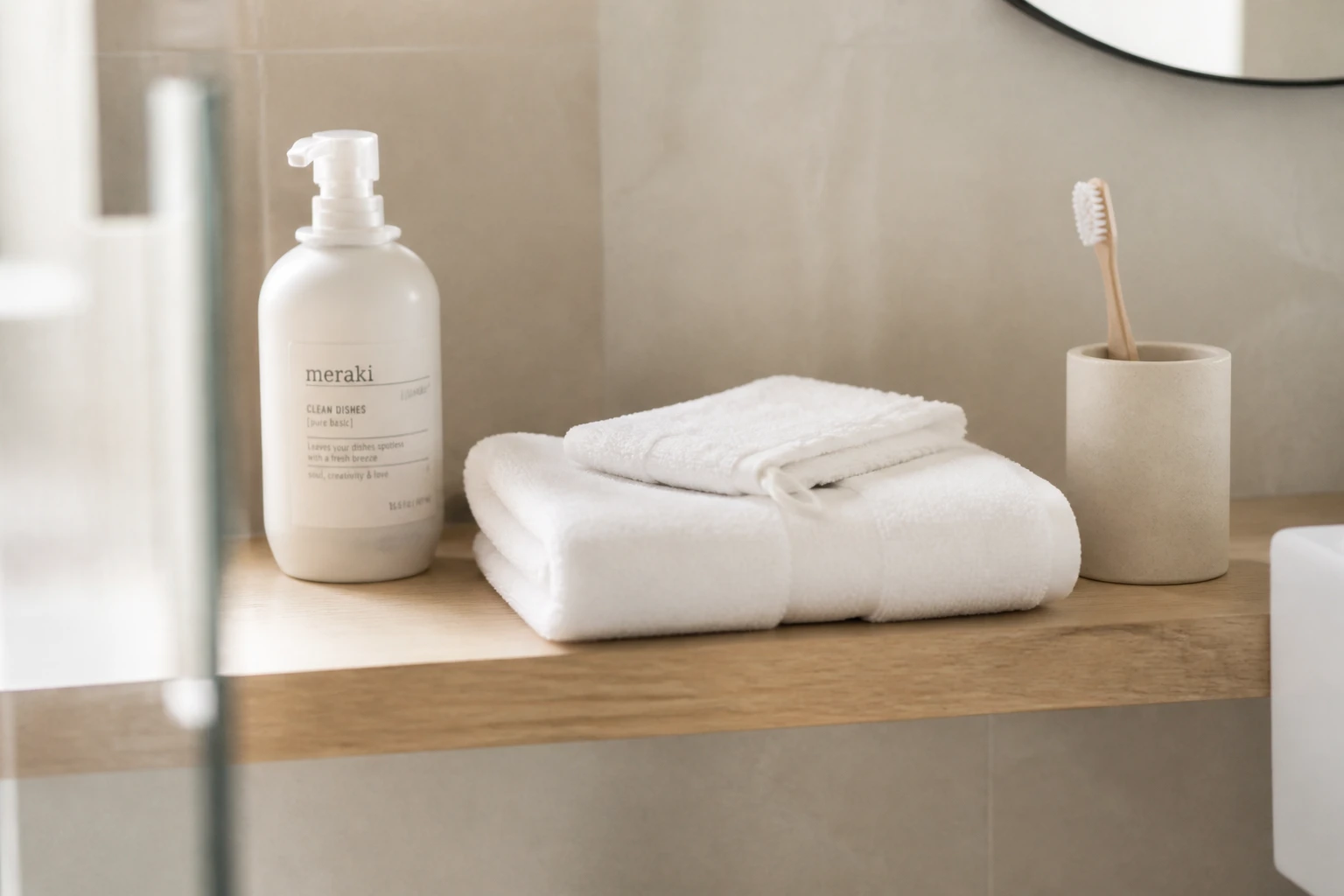 Salle de bain épurée avec serviette en coton et produit d'hygiène intime non parfumé