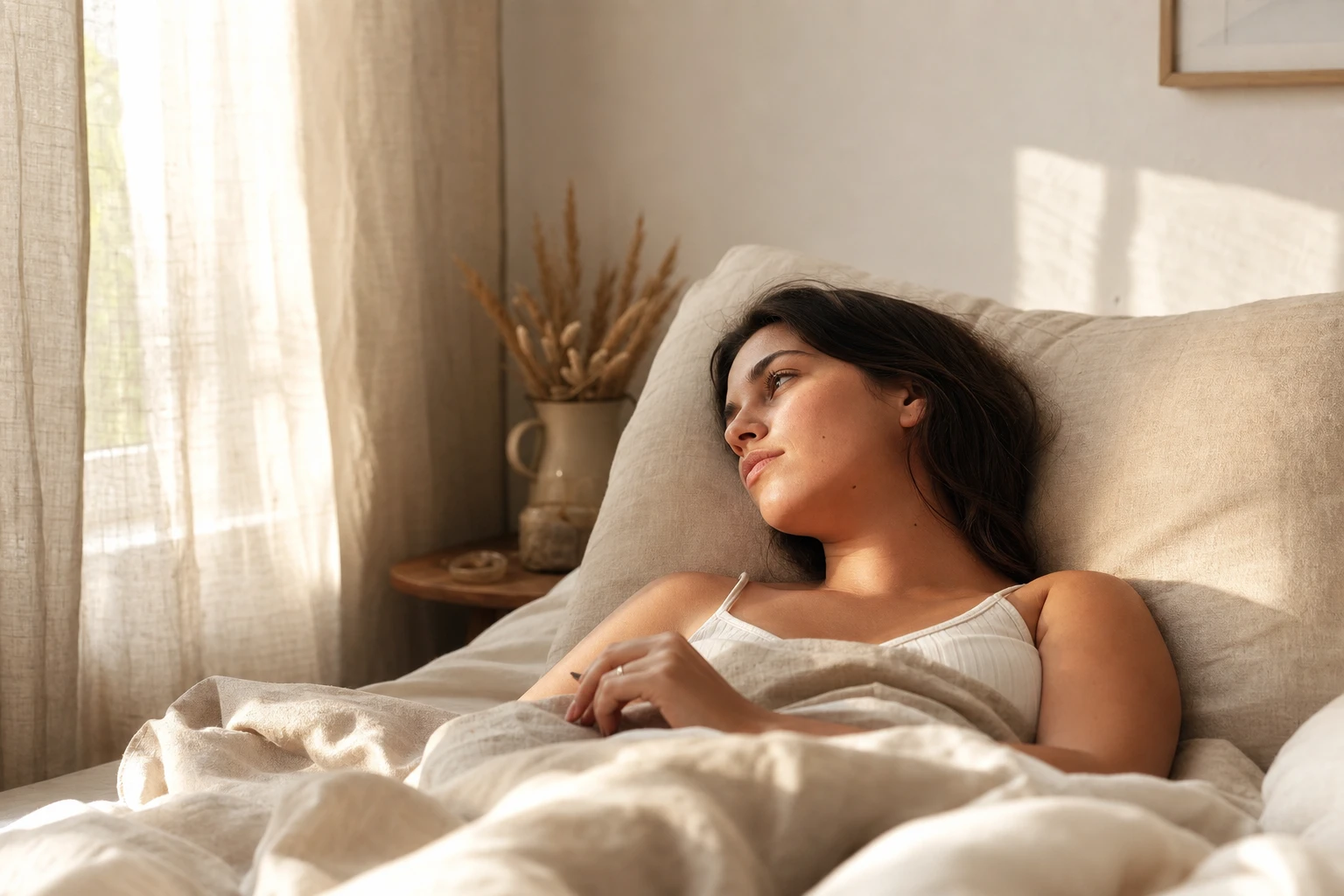 Femme réveillée pensive dans son lit après avoir rêvé d'accoucher, lumière du matin
