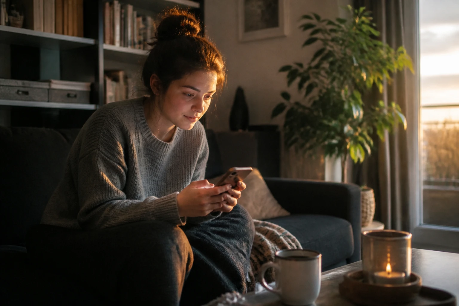 Jeune femme hésitante regardant son téléphone avant d'envoyer un SMS le soir