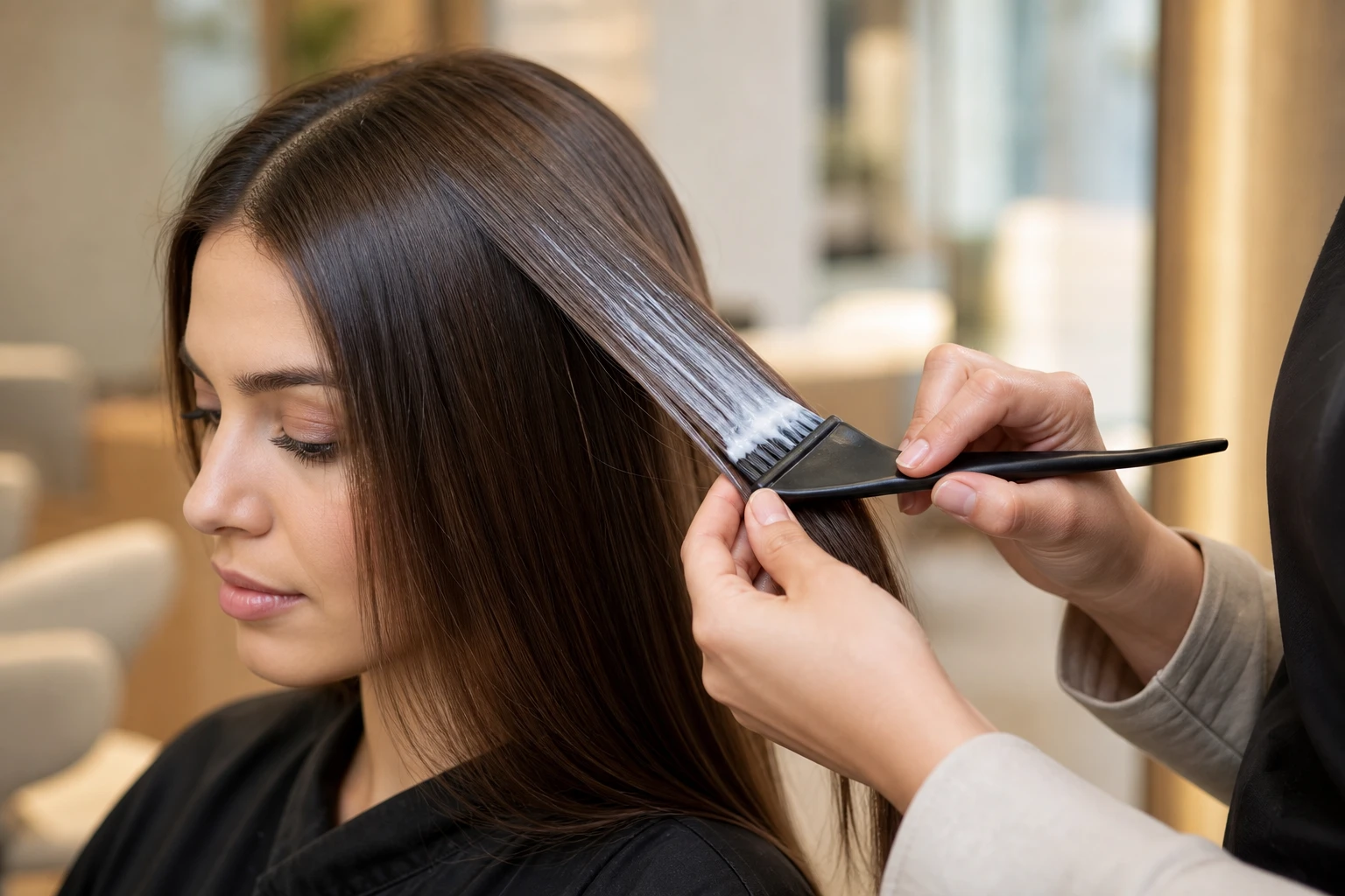 Application d'un soin botox capillaire mèche à mèche en salon de coiffure