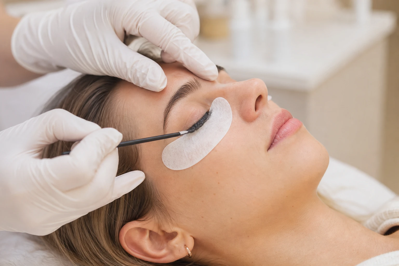 Esthéticienne appliquant une teinture sur les cils d'une cliente en institut de beauté