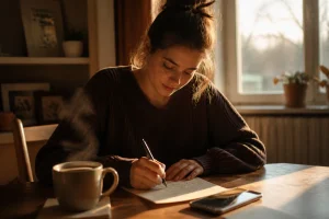 Femme écrivant à la main un texte touchant pour son frère sur du papier, tasse de café à côté
