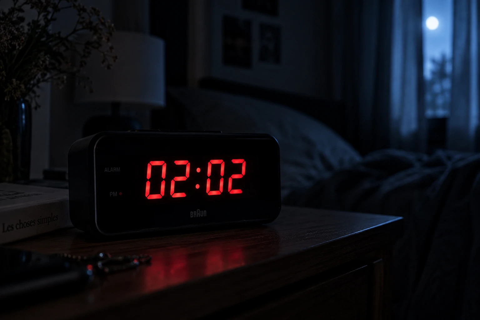 Réveil digital affichant l'heure miroir 02h02 dans une chambre sombre la nuit