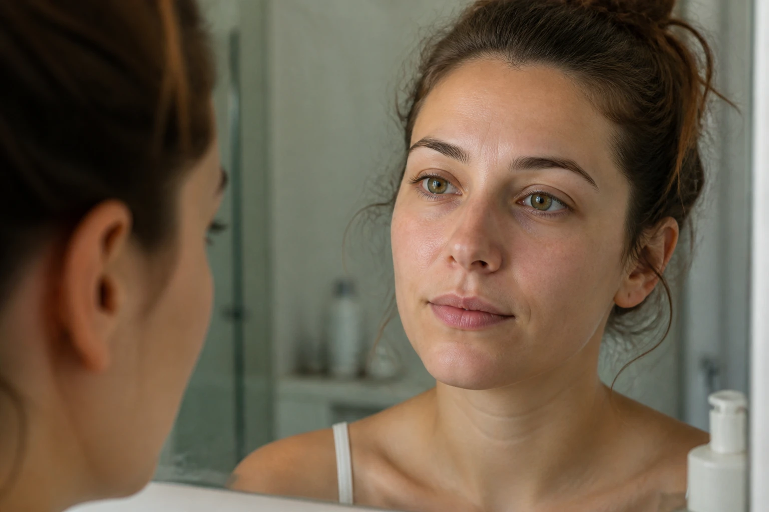 Jeune femme examinant sa peau et ses points noirs dans un miroir de salle de bain
