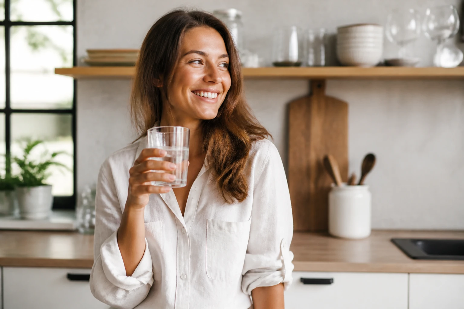 Jeune femme buvant un verre d'eau froide pour faire passer le hoquet dans une cuisine lumineuse