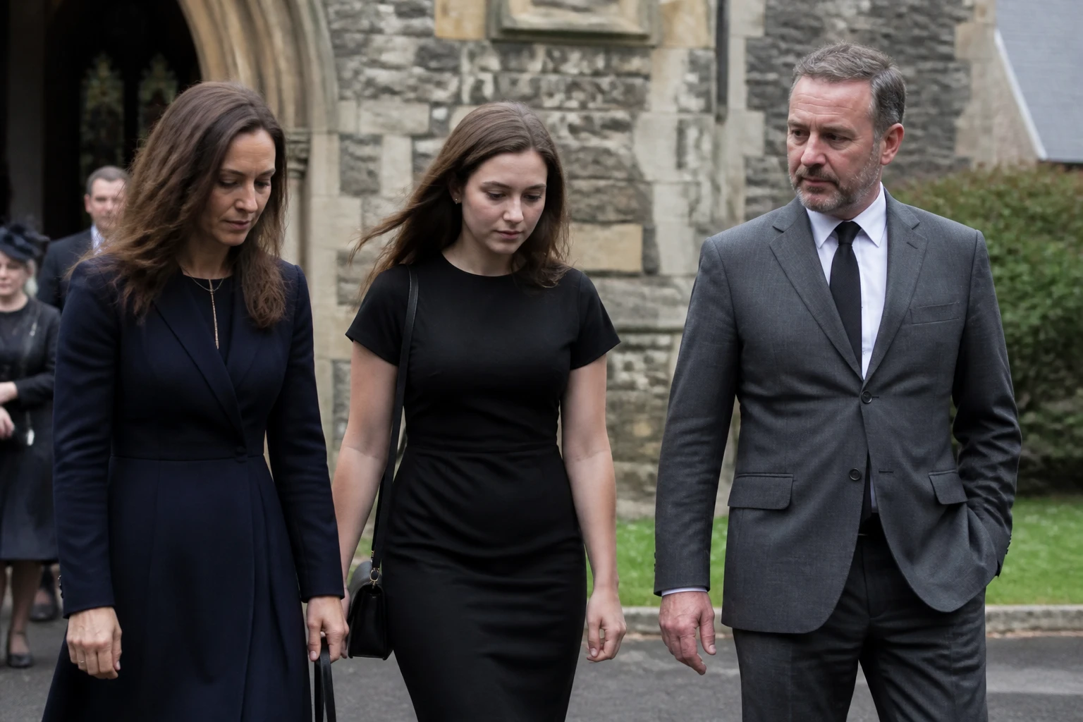 Groupe de personnes en tenue sombre et sobre devant une église pour un enterrement