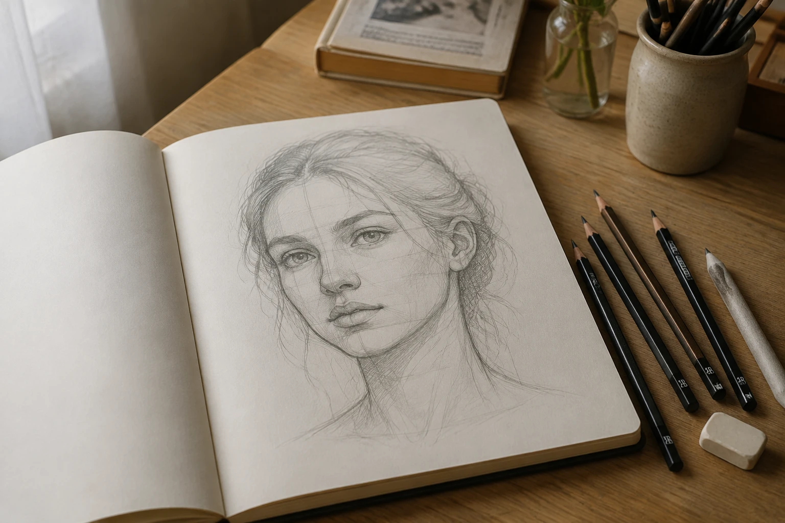 Carnet de croquis avec dessin de visage féminin en construction et crayons graphite
