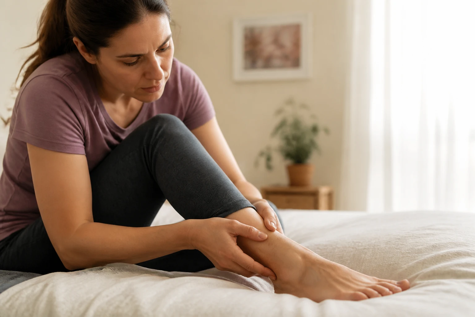Personne palpant le bord externe de sa cheville pour évaluer une douleur du nerf sural