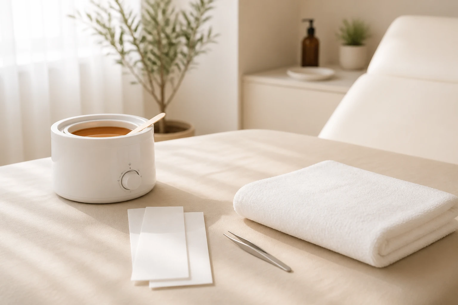 Matériel d'épilation cire et pince sur une table d'institut de beauté