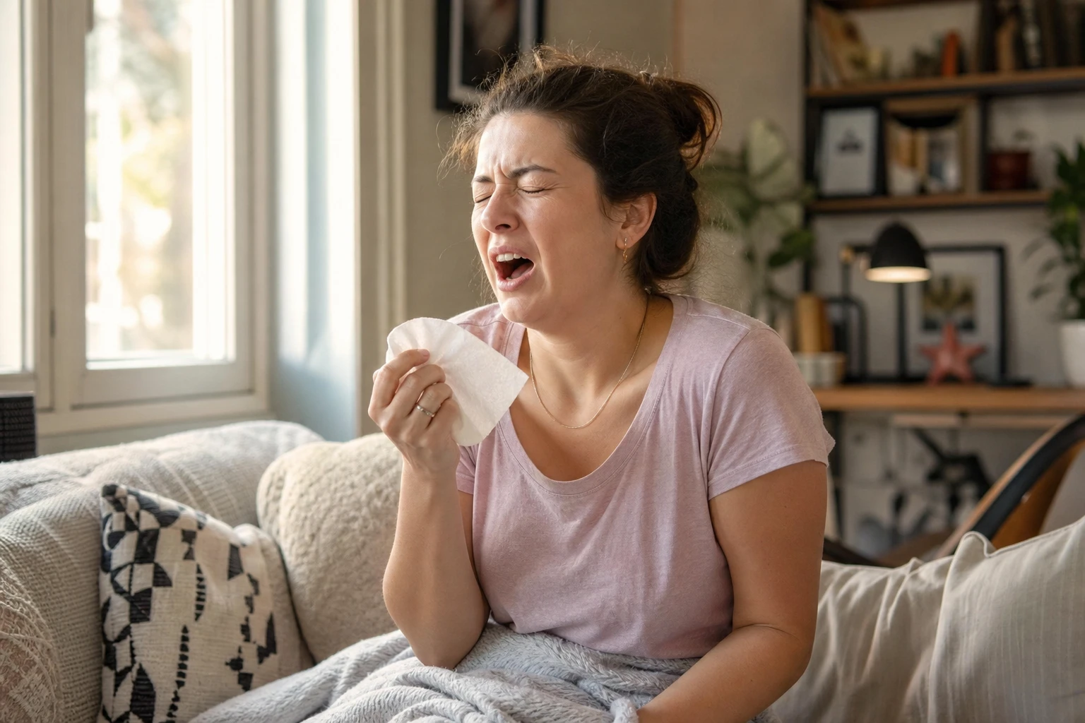 Jeune femme éternuant près d'une fenêtre lumineuse, illustration de la signification de l'éternuement