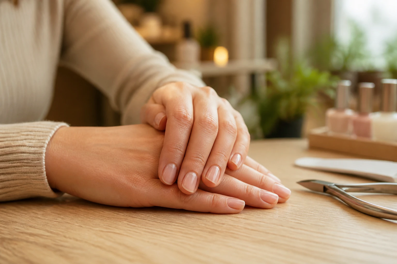 Mains avec ongles naturels courts recouverts d'un gainage gel transparent en institut