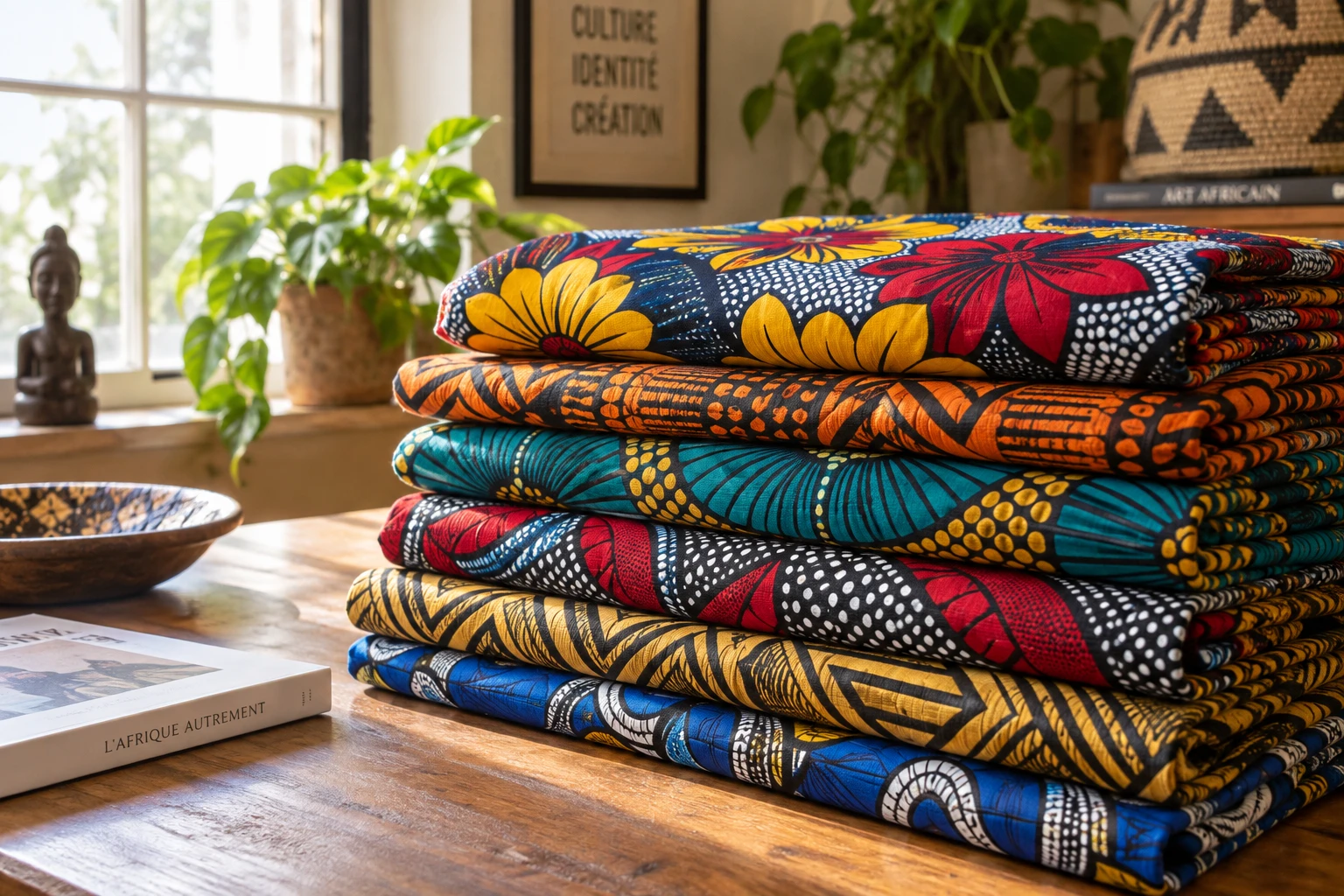 Pile de tissus wax africains colorés aux motifs géométriques et floraux